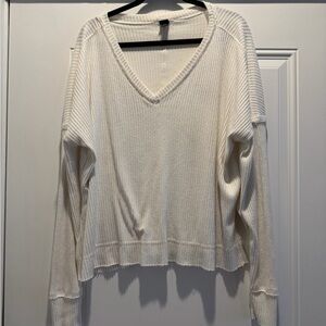 V-Neck Ribbed Knit Sweater - Cream